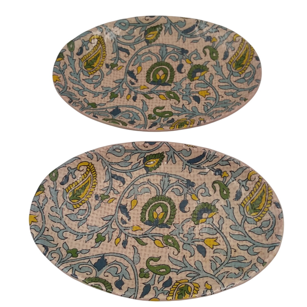 Set of 2 Pottery Barn Oval Salad Plates Blue Beige Paisley Floral Accent Dishes